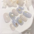 淡い上品なブルー押し花ブライダルネイルチップ(413
