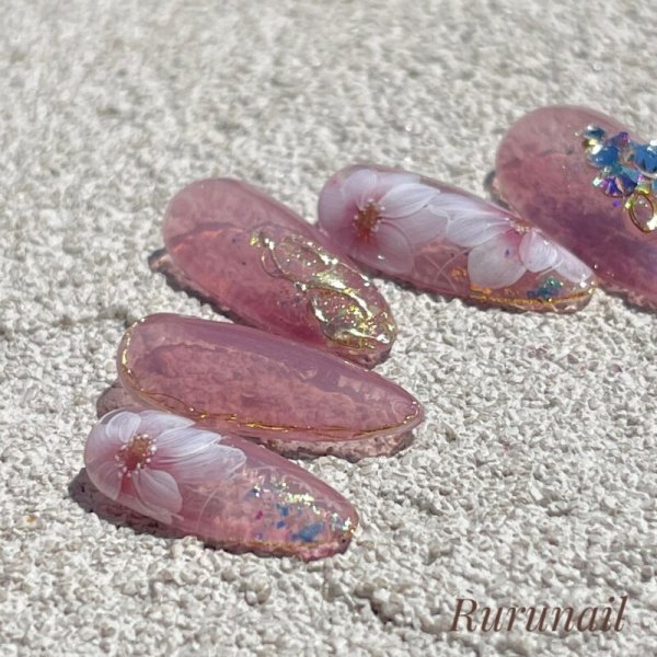 画像2: 【ロングネイル】シアーワインとフラワーのネイルチップ(Ⅼ04) (2)