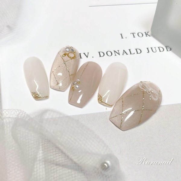 画像5: マグネットチェックとミニリボン大人かわいいネイルチップ（125） (5)