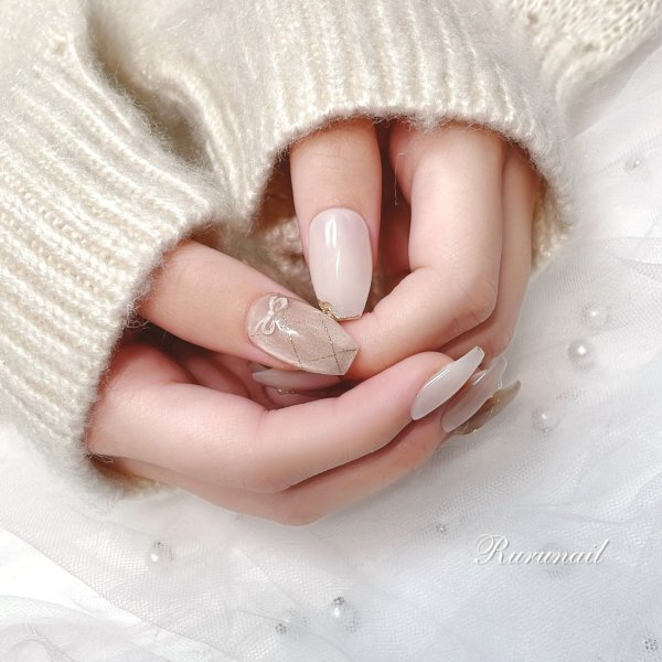 画像2: マグネットチェックとミニリボン大人かわいいネイルチップ（125） (2)