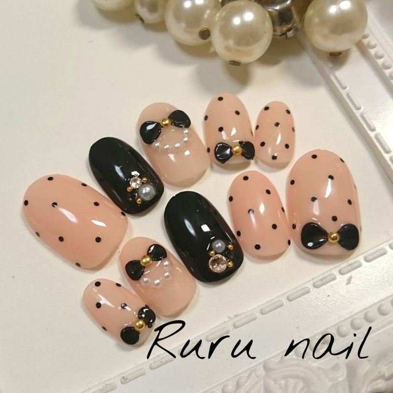 かわいいドットリボンネイル 019 ネイルチップ通販ｒｕｒｕ ｎａｉｌ