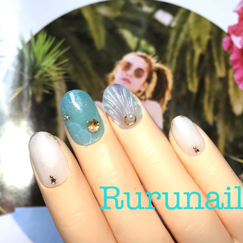 ターコイズの人魚の鱗と水面柄ネイルチップ 355 ネイルチップ通販ｒｕｒｕ ｎａｉｌ